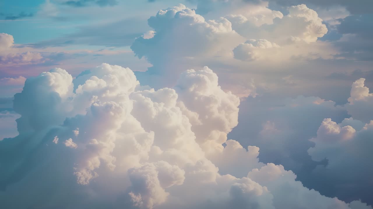 Shifting sunlight illuminating billowing cumulus clouds above aerial cloud deck, revealing textures