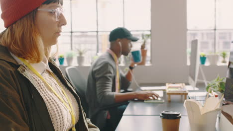 startup, computer and business woman typing