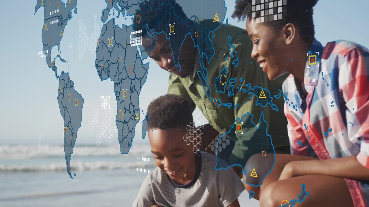 Child digging with pink shovel sparking data map overlaying family, parents guiding for tech demo