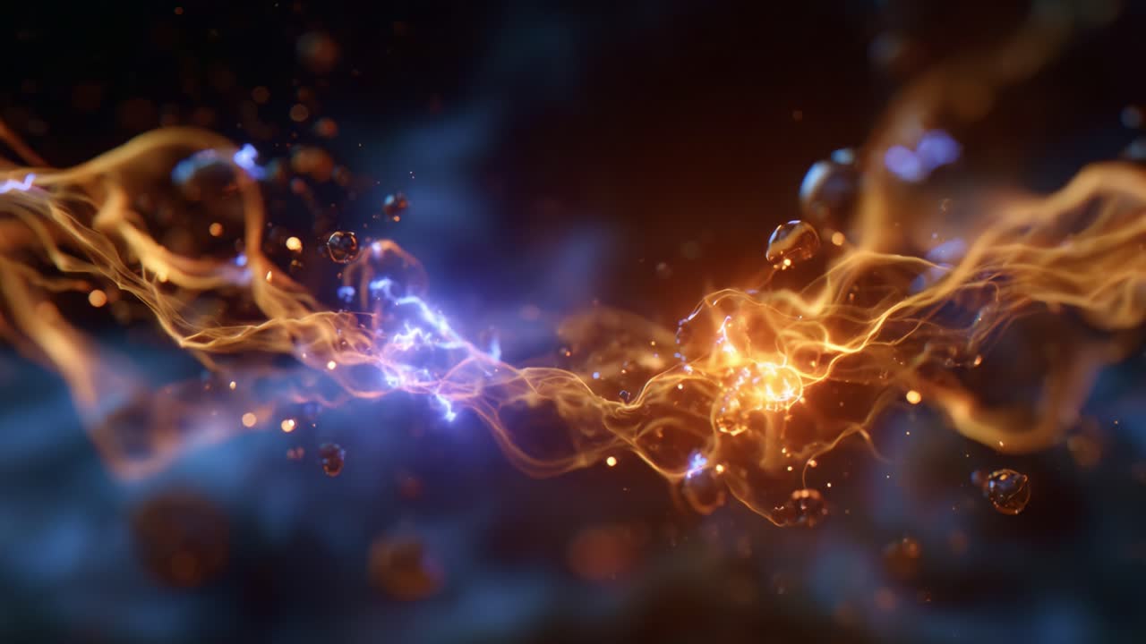 Dynamic Visualization of Fiery and Electric Energy Flowing in a Colorful Abstract Formation with Glowing Particles and Vibrant Wave Patterns