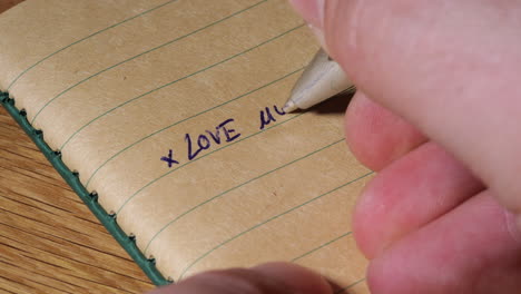 Person-writing-goal-setting-love-yourself-target-on-brown-lined-paper-notebook,-close-up
