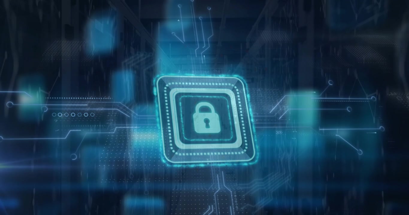 Animation of padlock in square with circuit board pattern against abstract background
