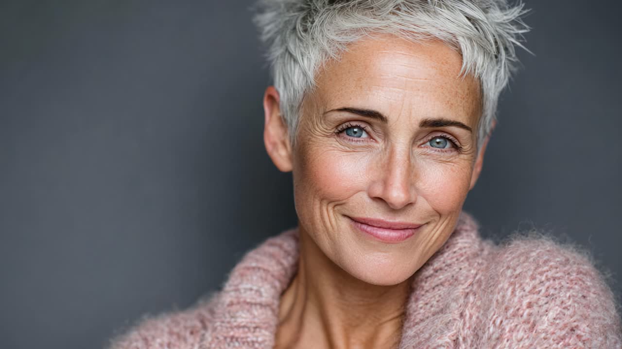 Captivating Moments of Elegance: A Woman with Radiant Gray Hair and a Warm Smile, Captured in Serene Frames Showcasing Her Timeless Beauty and Grace