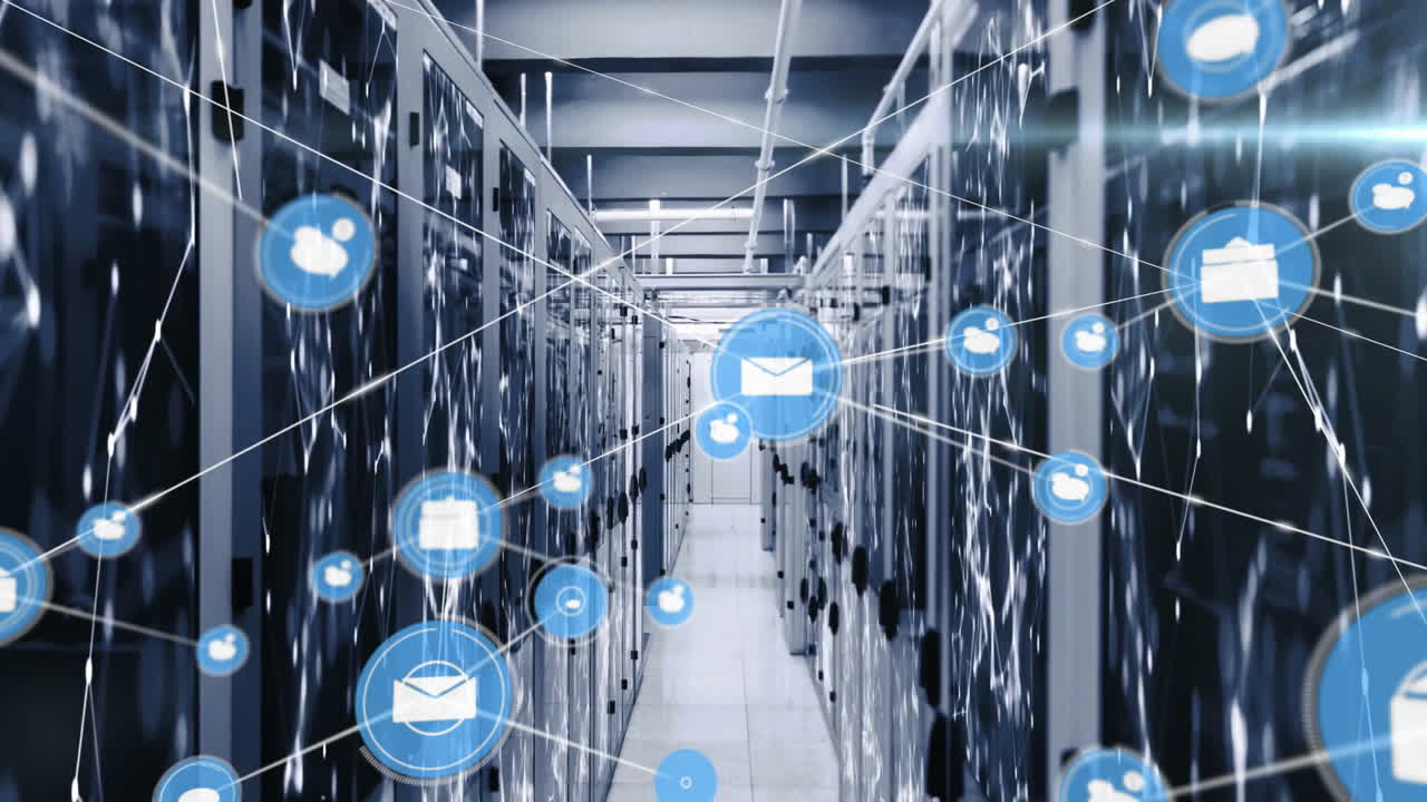 Connected digital communication icons over servers in data center animation display