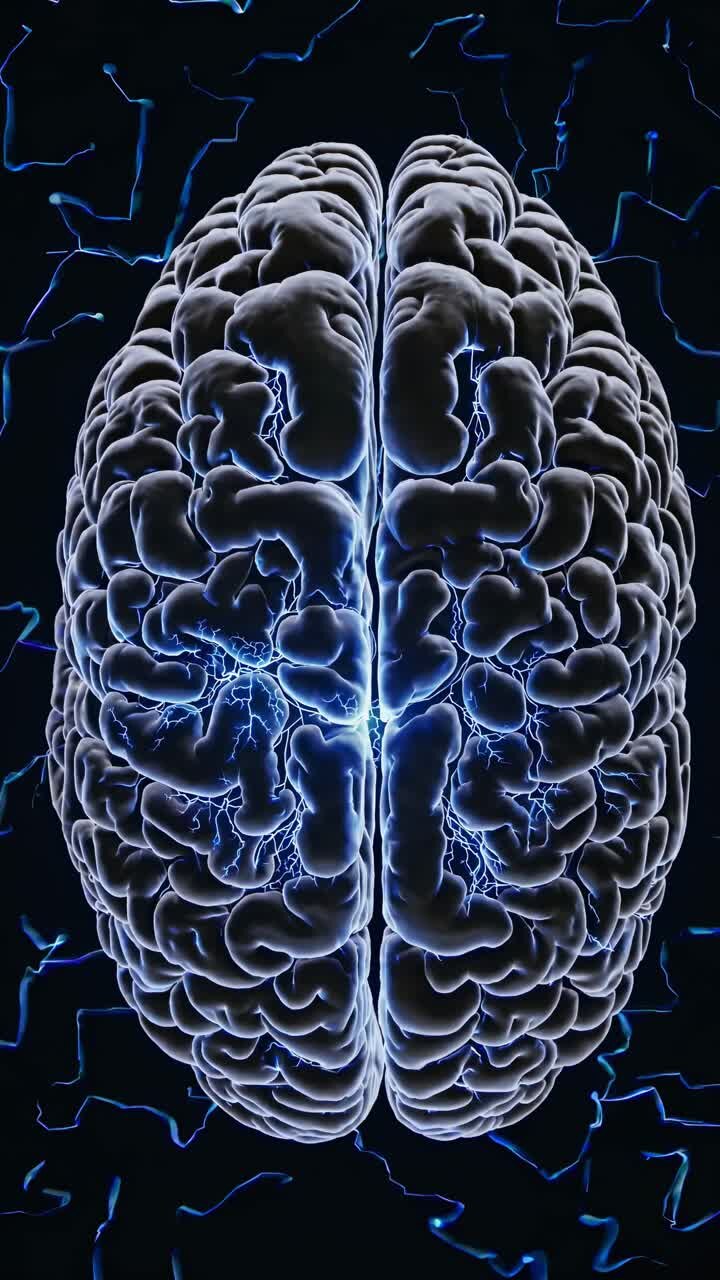 Vista aérea de um cérebro brilhante com correntes elétricas, ilustrando a atividade neural