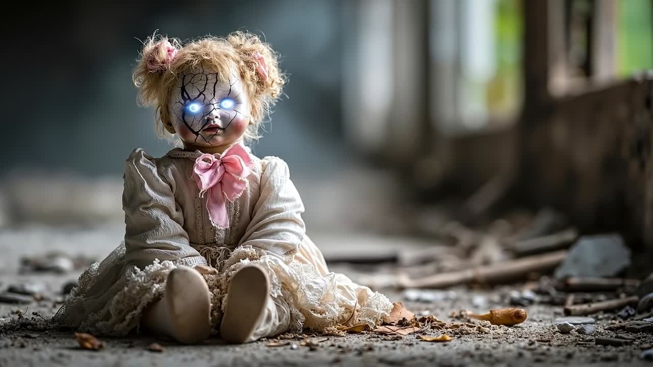 A creepy doll sitting on the ground in an abandoned building