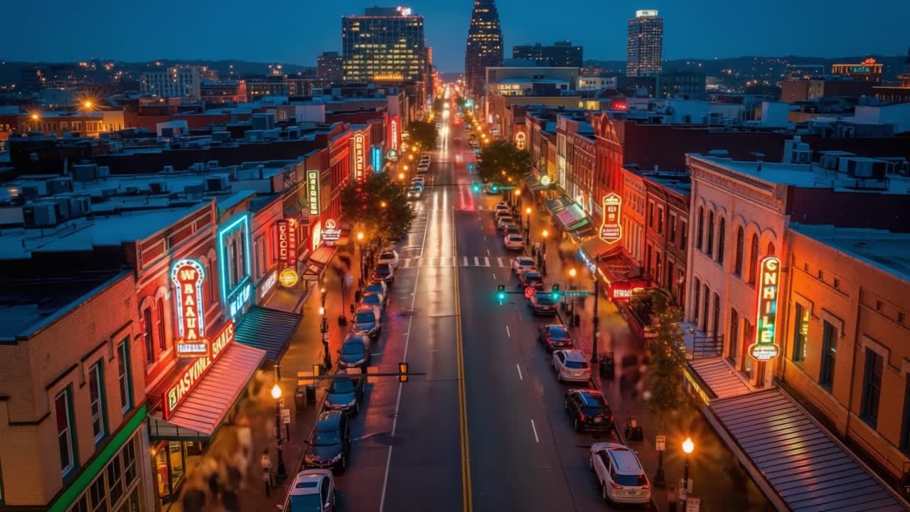 Vibrant City Street at Night with Neon Lights and Long Exposure Car Trails