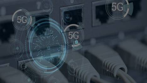animatie van schakelbordpatroon en hangsloten in schild en pictogrammen, 5g tekst, achterpaneel van router