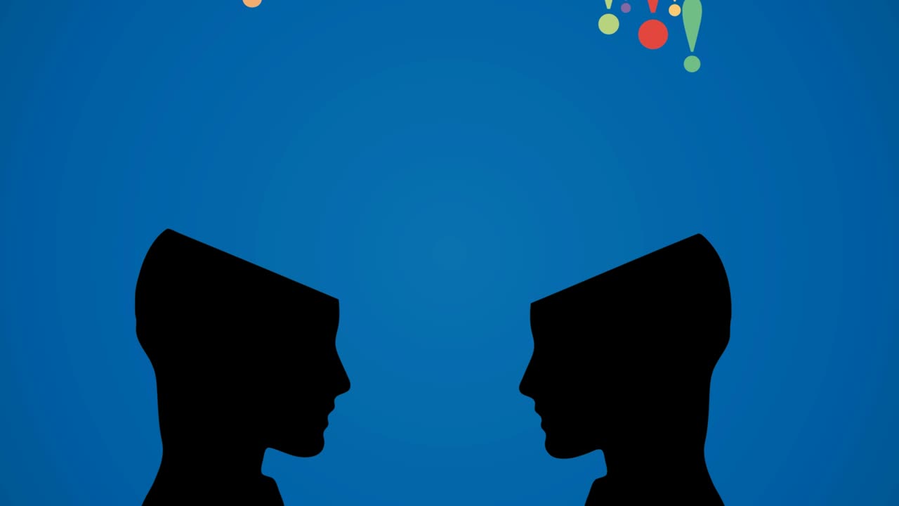 Domande e risposte che entrano ed escono dalle menti umane. Concetto di dubbio e certezza. FAQ. Animazione 2D. Filmato in loop 4K.