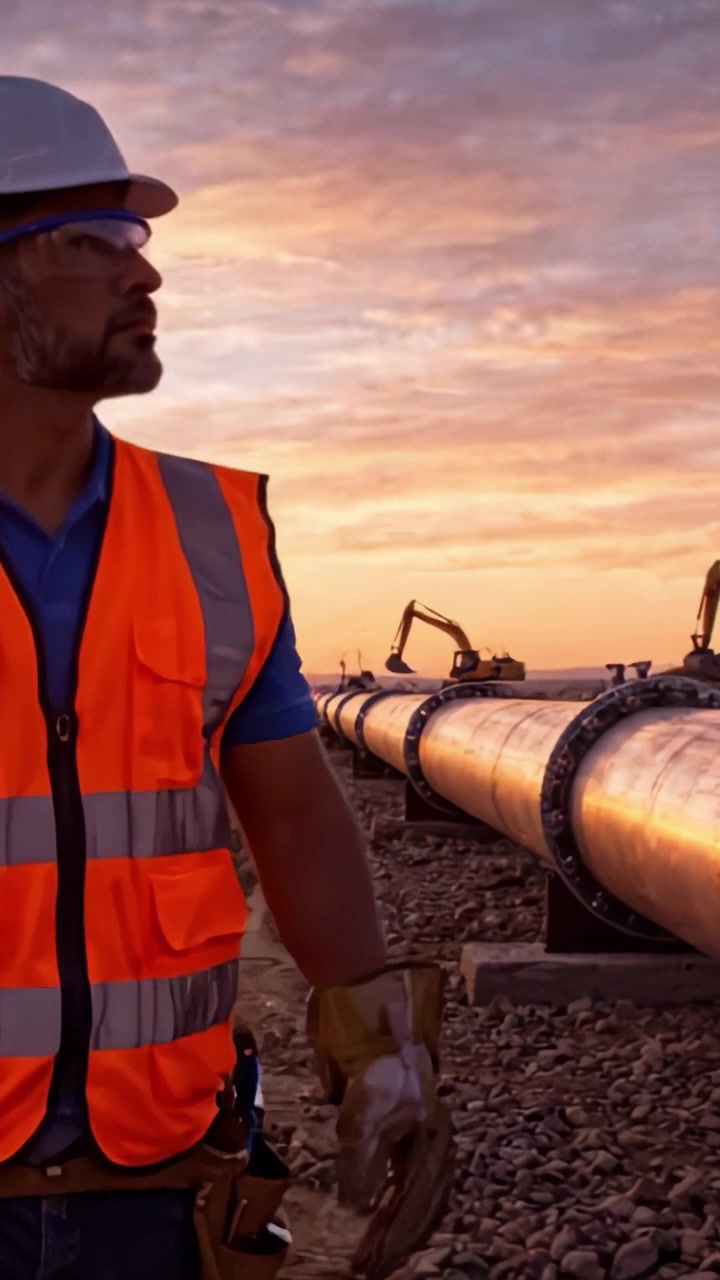 Un lavoratore con dispositivi di sicurezza osserva la costruzione di una condotta al tramonto, evidenziando l'importanza dello sviluppo infrastrutturale e della sicurezza nei progetti di ingegneria.