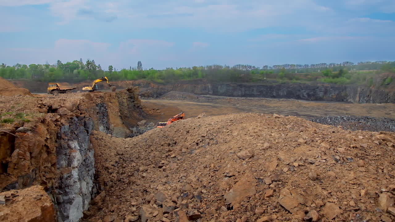 Bulk material storage site. Professional equipment working on mine production