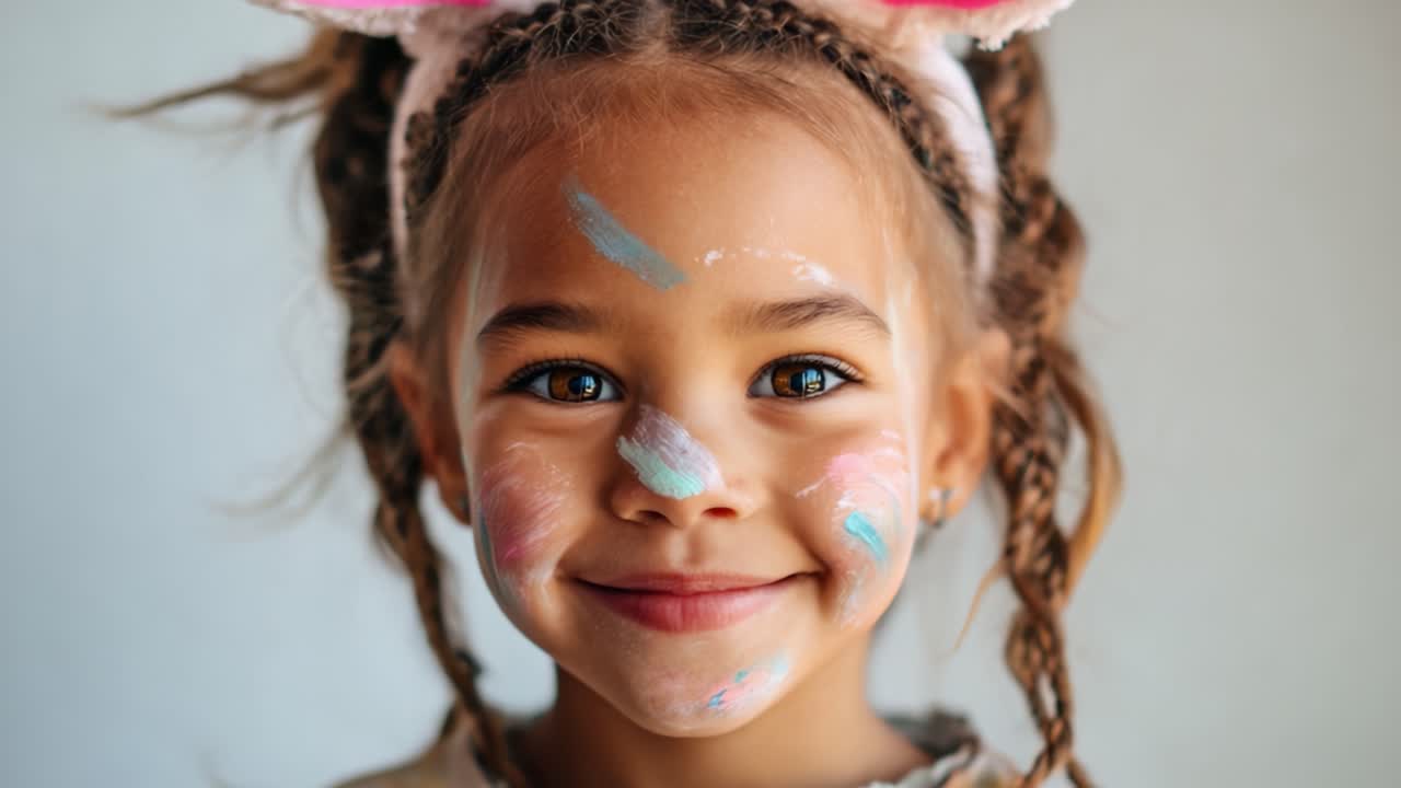 Uma criança alegre com rosto pintado e orelhas de coelho divertidas expressa felicidade em um cenário vibrante e colorido, mostrando criatividade e inocência vibrante em uma atmosfera envolvente.