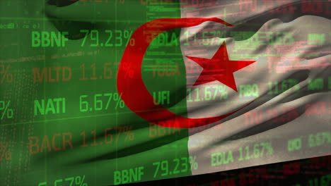 animation of stock market data processing against waving algeria flag