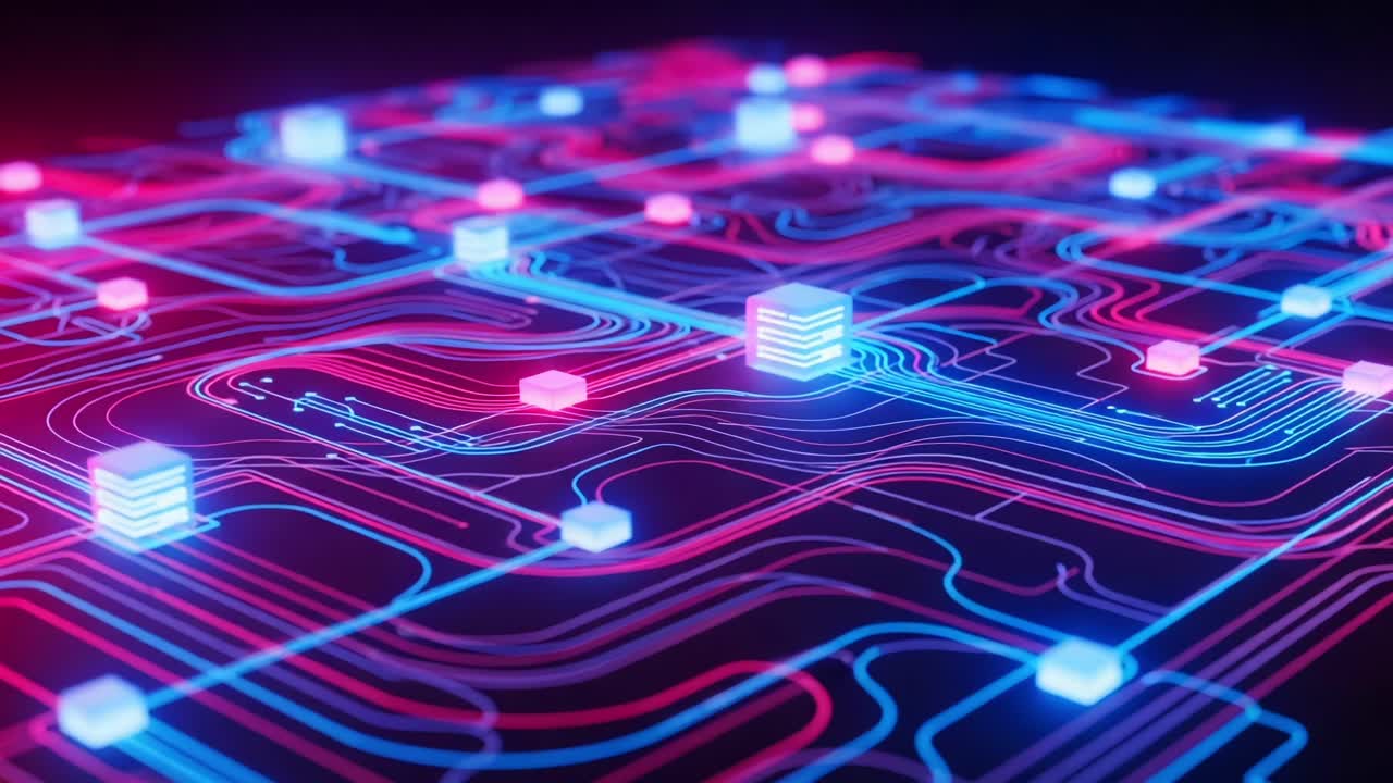 A mesmerizing depiction of a highly intricate circuit board design, showcasing vibrant neon blue and pink lines intersecting with glowing nodes in a futuristic digital landscape