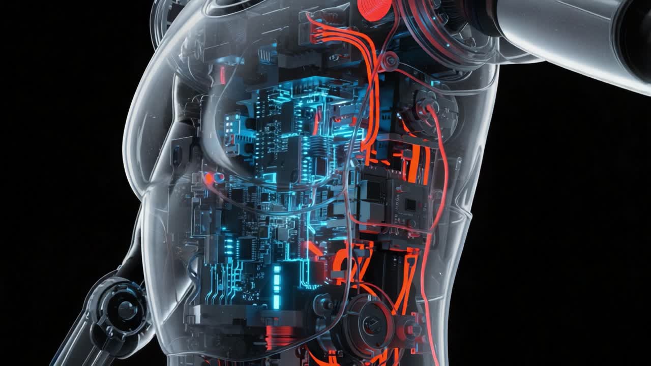 Exploring the Intricate Mechanics of a Transparent Robotic Body, Showcasing Its Advanced Circuitry and Cutting-Edge Design for Future Technologies