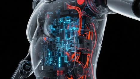 exploring the intricate mechanics of a transparent robotic body, showcasing its advanced circuitry and cutting-edge design for future technologies