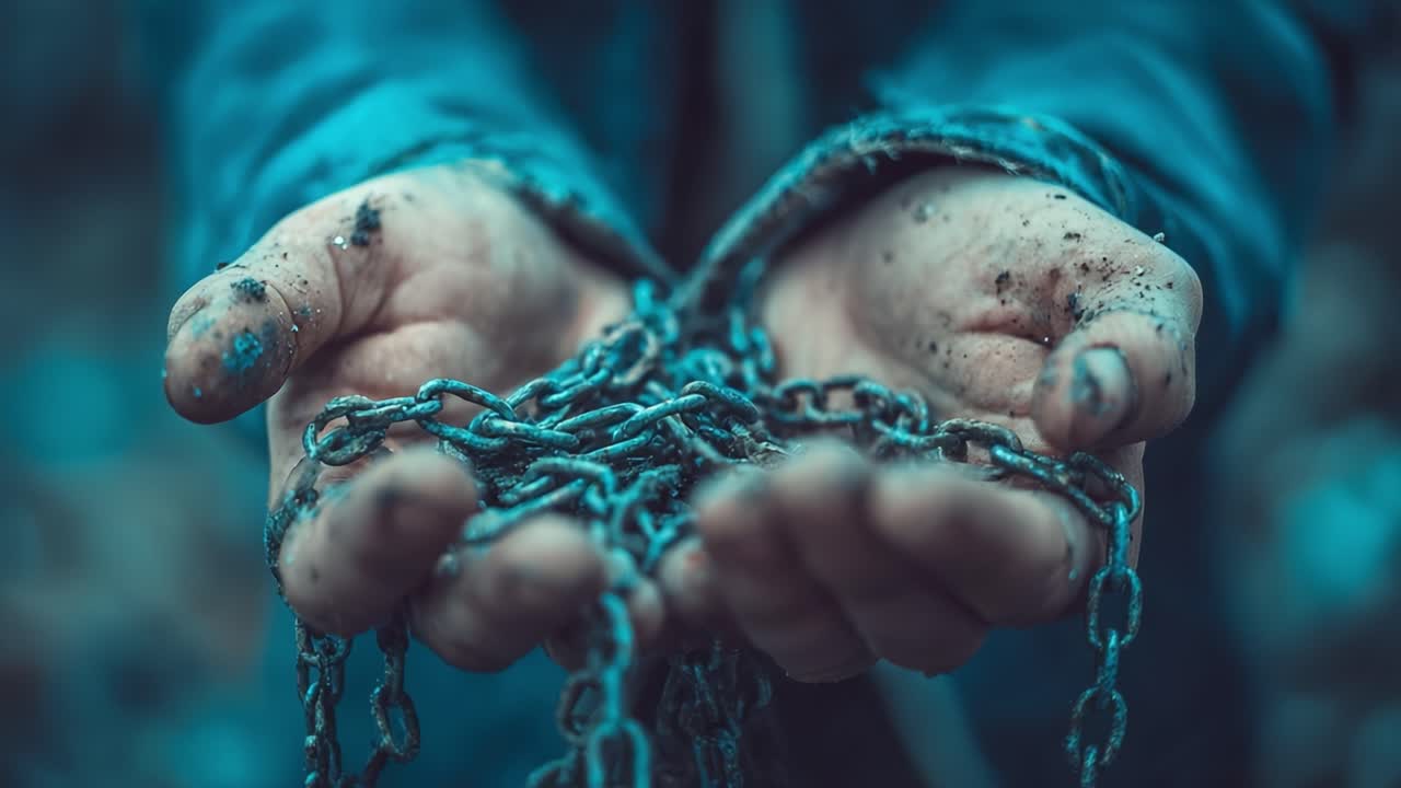 A Pair of Hands Holding Rusty Chains Symbolizing Struggle and Resilience, Captured in Atmospheric Lighting with a Focus on Textures and Emotions