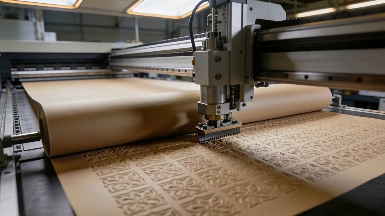 CNC-maskine starter og bevæger sig langs lineære skinner i fabriksbygning, mens den fører kraftpapir til udsmykkede udskæringer.