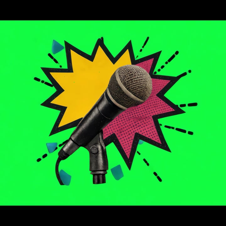 Microfono animato con starburst in stile pop art su green screen