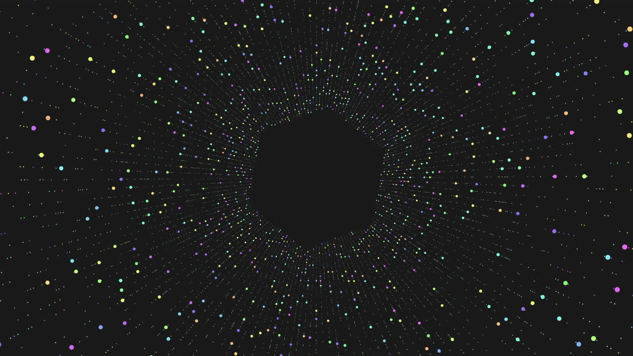 An intricate spiral mosaic of dots in random arrangement on a black background. The dots form a chaotic yet intriguing pattern, spiraling out from a dense center to sparse outer edges