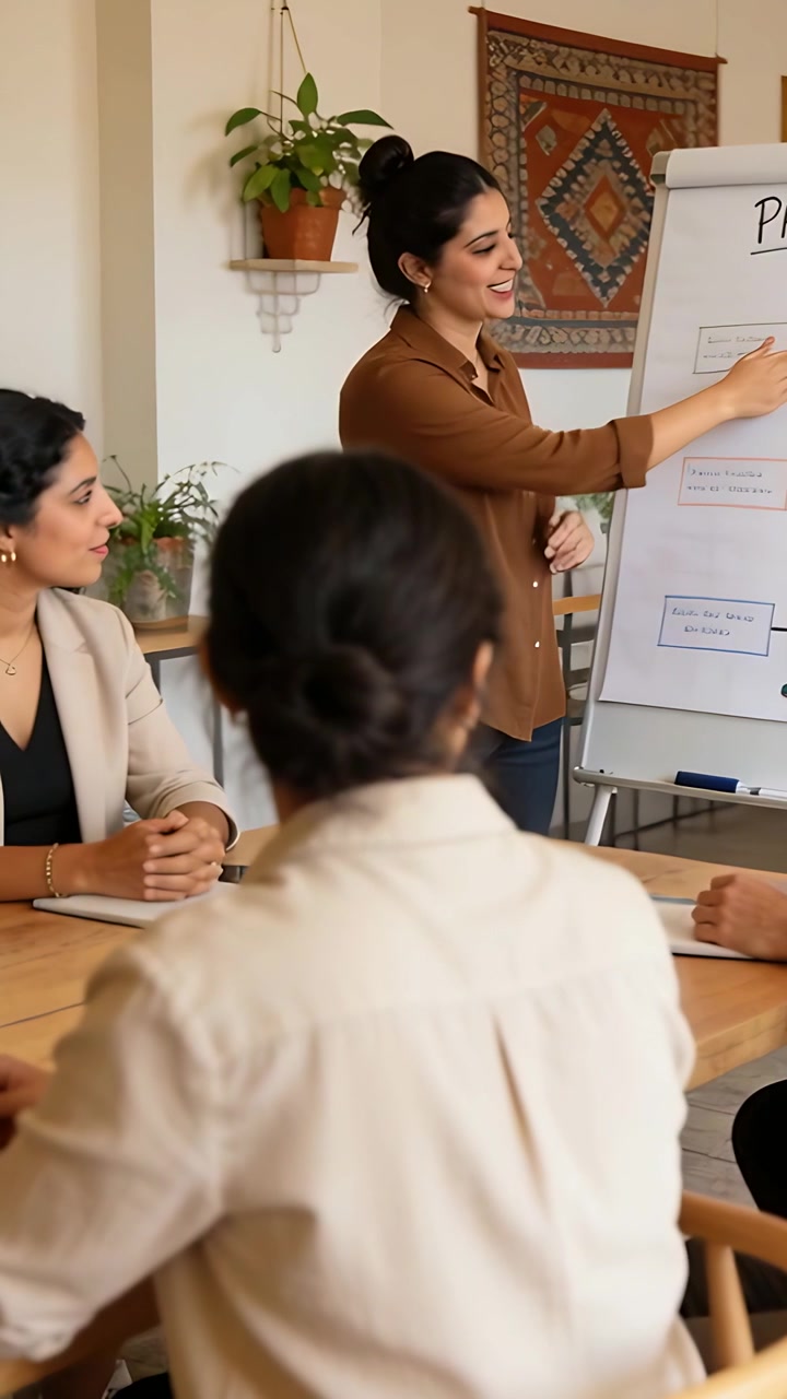 Video verticale: Presentazione di un responsabile con top marrone e chignon in ufficio, che indica un flipchart spiegando.