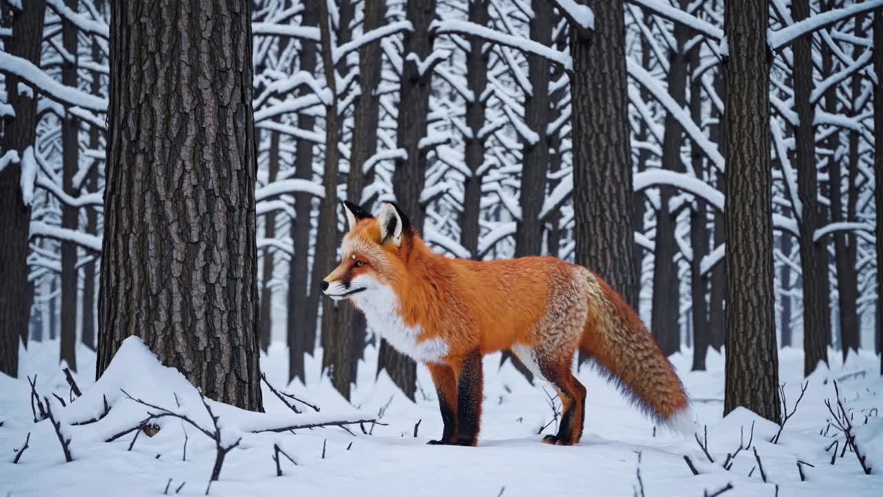 A fox stands in a snowy forest, captured at eye level. The video style emphasizes natural beauty