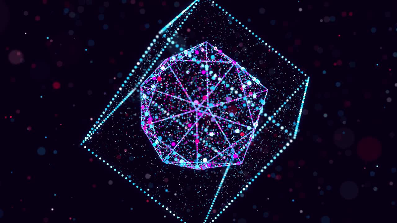 Abstract glow particles form 3d object in space. Cube. Vj loop as bg of virtual digital space. Particles form holoram shape as concept of big data, network or vr space. Sci-fi motion design bg.