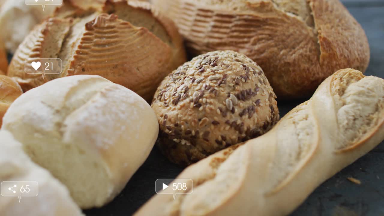 At second mark camera panning over bread array with icons rising and changing showing engagement