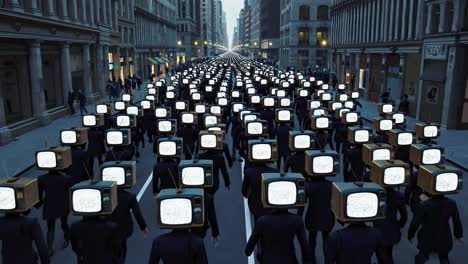 a crowded city street with people in vintage televisions