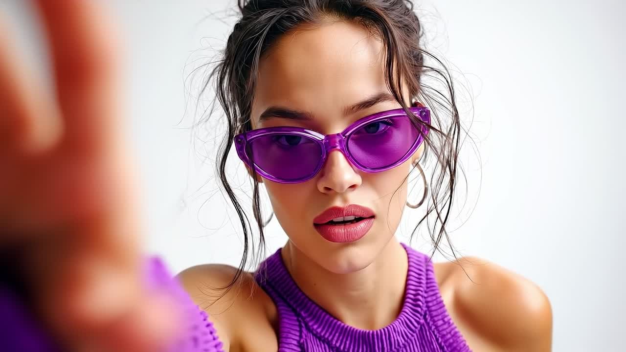 A woman in a purple top and purple sunglasses holding up a peace sign