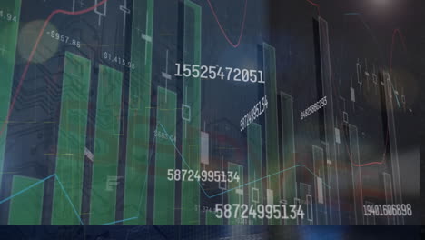 animación de números cambiantes y procesamiento de datos estadísticos contra conexiones de microprocesador.