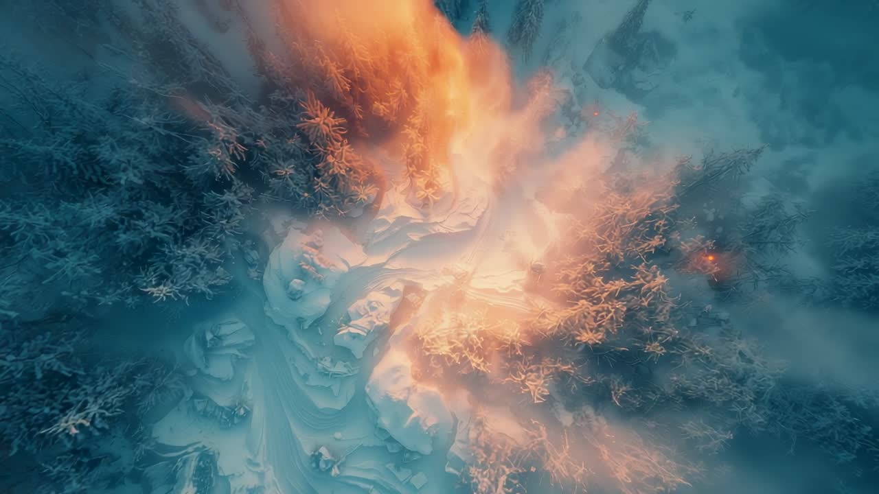 Emerging orange glow sparking fire plume and rising smoke above snowy forest canopy
