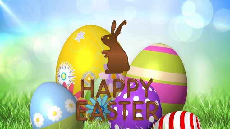 Animation of happy easter text with easter bunny over decorated easter eggs