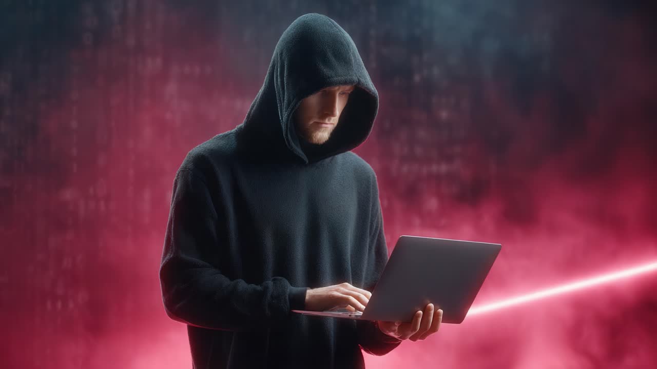 Mysterious Figure in Hoodie Engages with Laptop Under Neon Lights, Shrouded in Digital Ambiance, Merging Technology and Intrigue in a Cyberpunk Scene