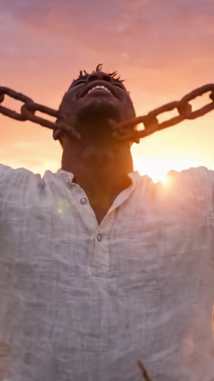 Un viaggio di liberazione: Un uomo che si libera dalle catene contro un bellissimo tramonto, abbracciando la libertà e la forza interiore in un vasto campo di erba alta.