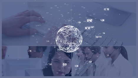 Animation-of-globe-with-connections-over-businesswomen-using-phone-headsets