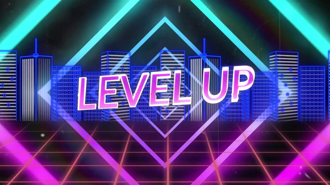 Animazione di un banner di testo 'level up' su quadrati concentrici in un motivo senza soluzione di continuità su un paesaggio urbano 3D.