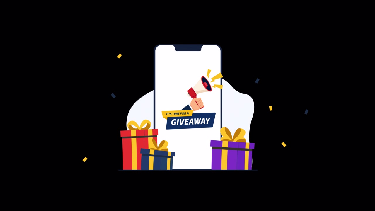 Smartphone animato che mostra un annuncio di giveaway con scatole regalo