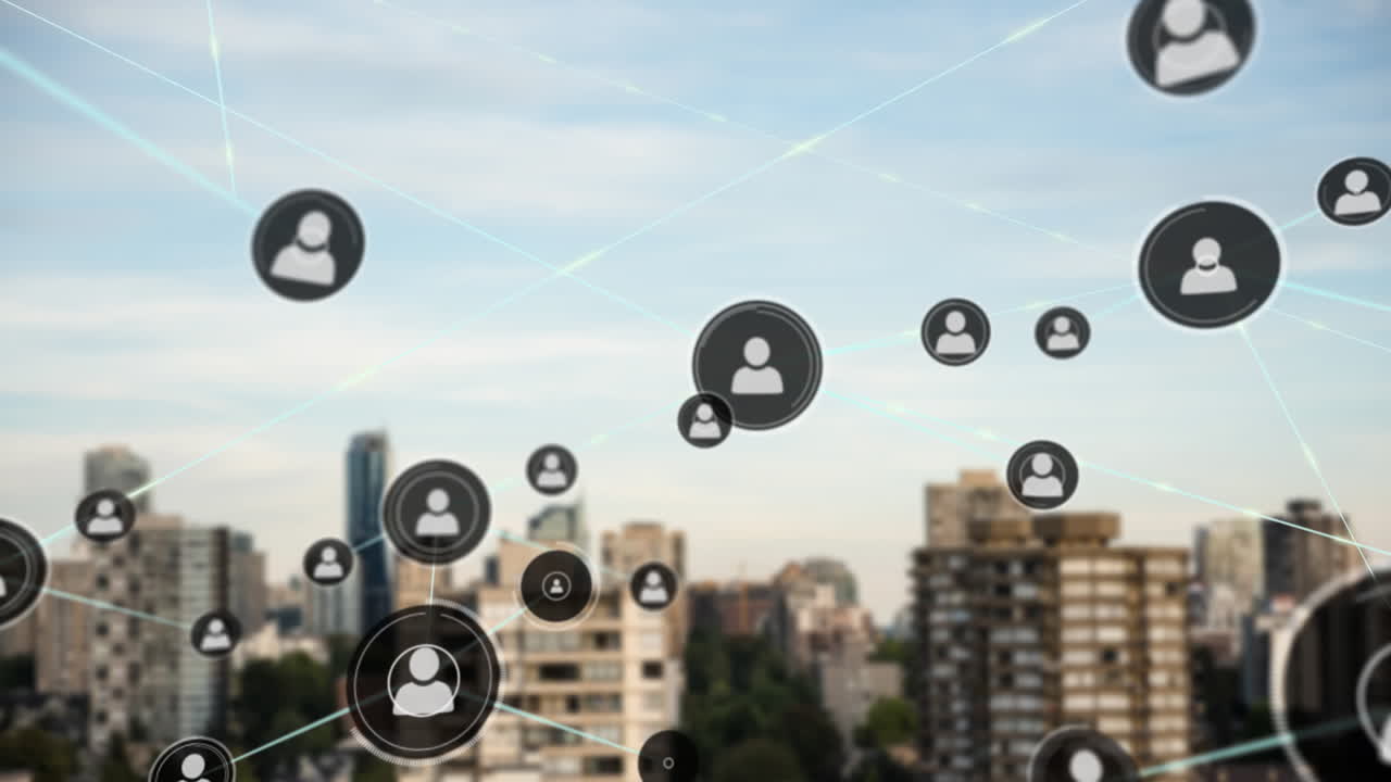 Animazione di una rete di connessioni con icone di persone su un paesaggio urbano.