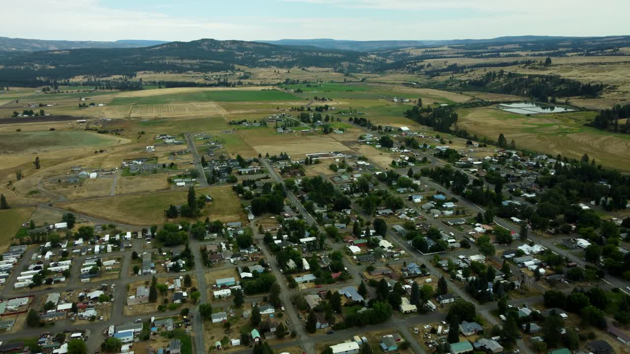 US, Oregon, Elgin, 2025-08-07 - Drone view of the city in Summer