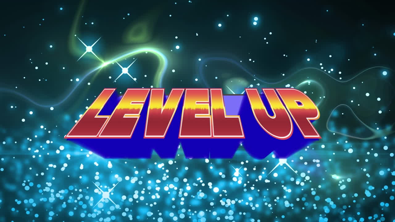 네온 추상적인 모양 위에 레벨 업 레트로 텍스트의 애니메이션