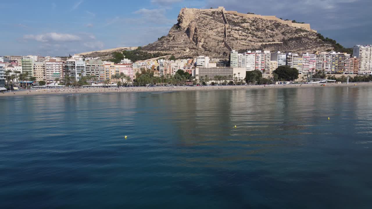Nice aerial view of the beach and castle of Alicante, Spain
