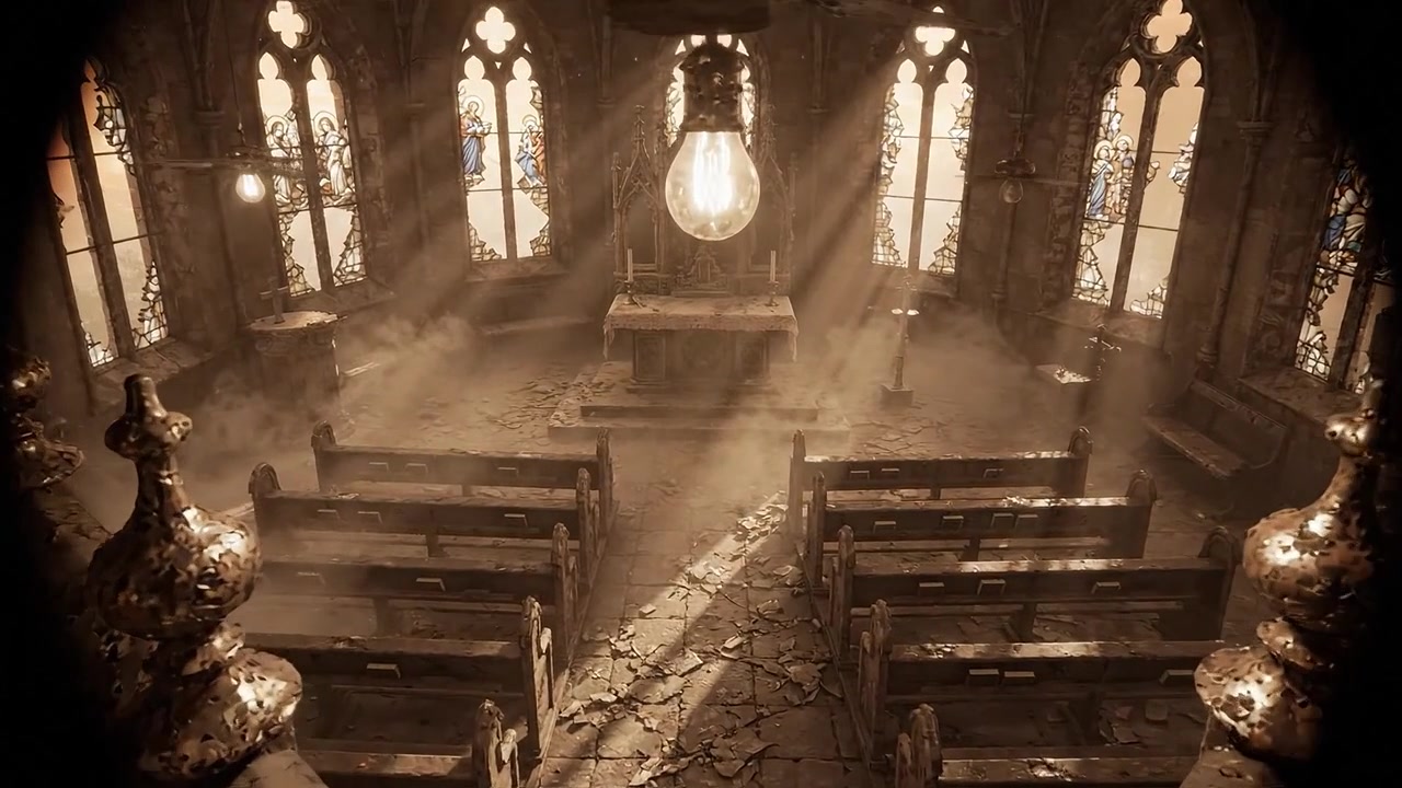 Uma Cena de Beleza Assombrosa de um Interior de Igreja Abandonada com Raios de Luz Empoeirados Atravessando os Vitrais e Memórias Esquecidas Pairando no Ar