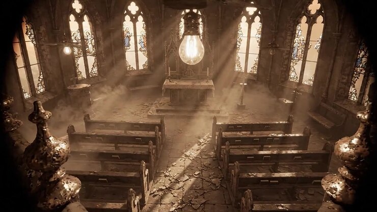 Uma Cena de Beleza Assombrosa de um Interior de Igreja Abandonada com Raios de Luz Empoeirados Atravessando os Vitrais e Memórias Esquecidas Pairando no Ar