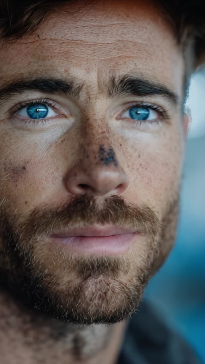 Close-Up Portrait of a Determined Man with Intense Blue Eyes, Displaying Unique Facial Features and Weathered Skin Amidst a Gritty Environment