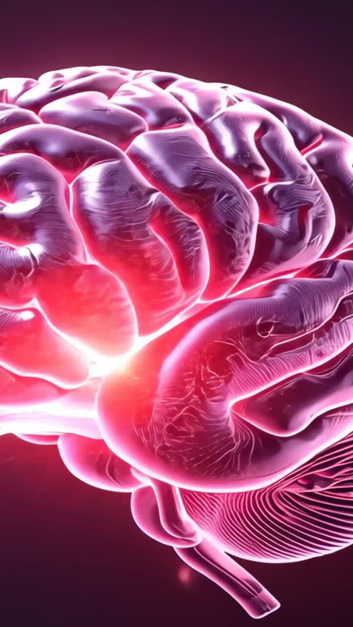 Vertical video: Pulsing red glow tracing 3D brain model over void, spark marking peak activation