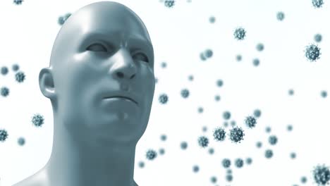 Animation-of-a-digital-human-head-with-giant-virus-models-floating-on-a-white-background