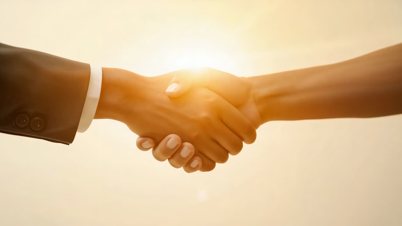 Extending left suited arm and right bare arm meeting center under halo, holding grip, sealing deal