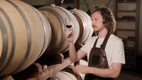 authentic shot of successful male sommelier is tasting a flavor and checking white wine quality poured in transparent glass in a wine cellar.