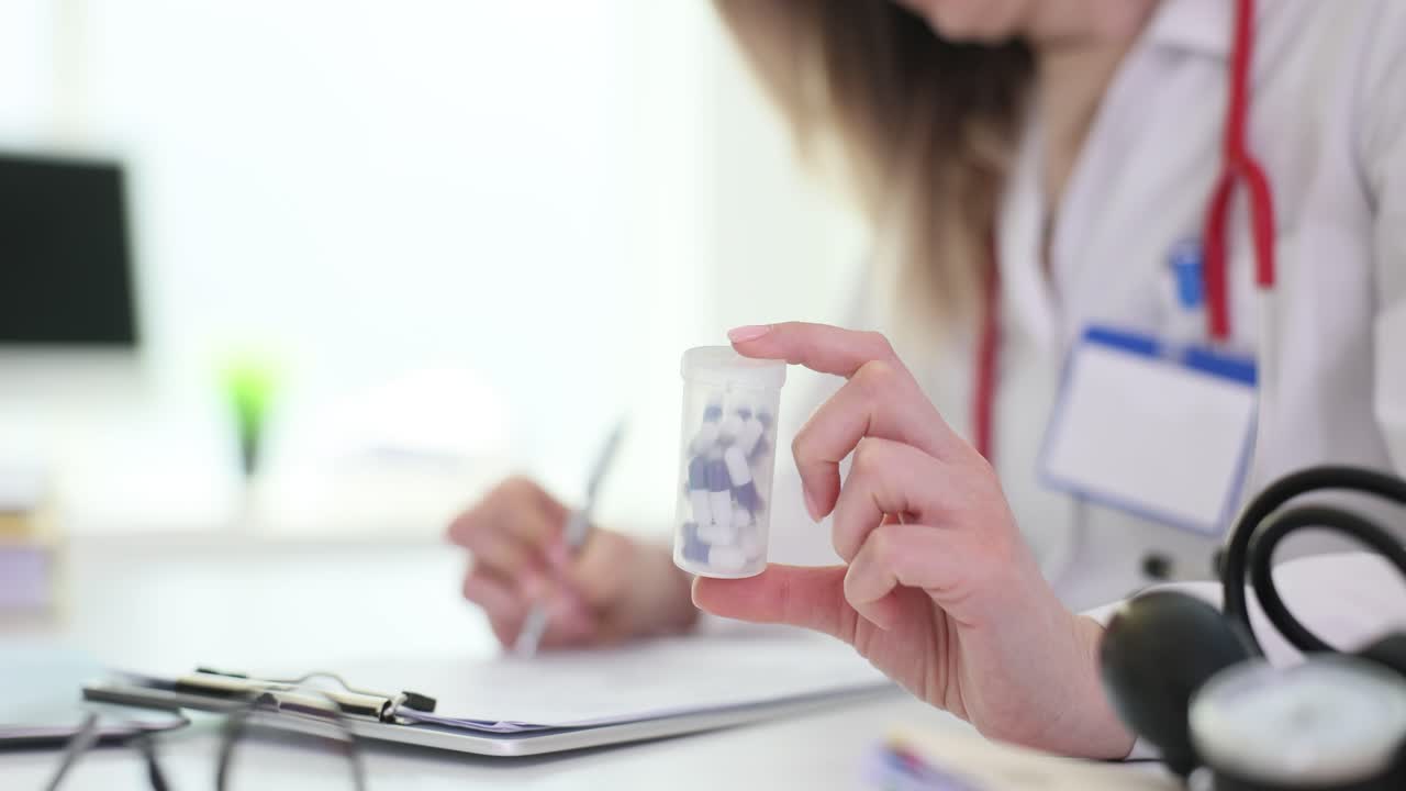 Médico segurando um frasco de pílulas em uma clínica